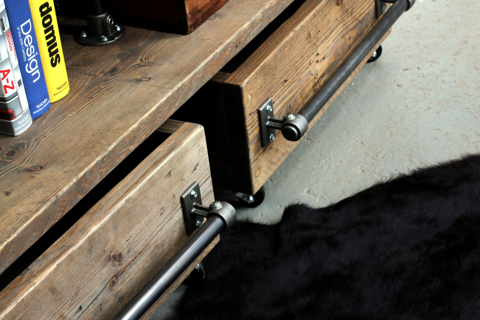 Saul Industrial Reclaimed Scaffold Board And Dark Steel Pipe Shelving Unit With Roll Out Drawers photo buy