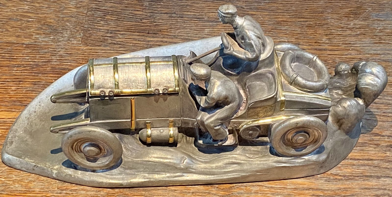 Rare Wilhelm Zwick Pewter Mercedes Benz Rally Car Desk Stand & Inkwell With Gold Gilt Detailing And Brass Inkwell Model Sculpture Art Nouveau Deco photo vintage