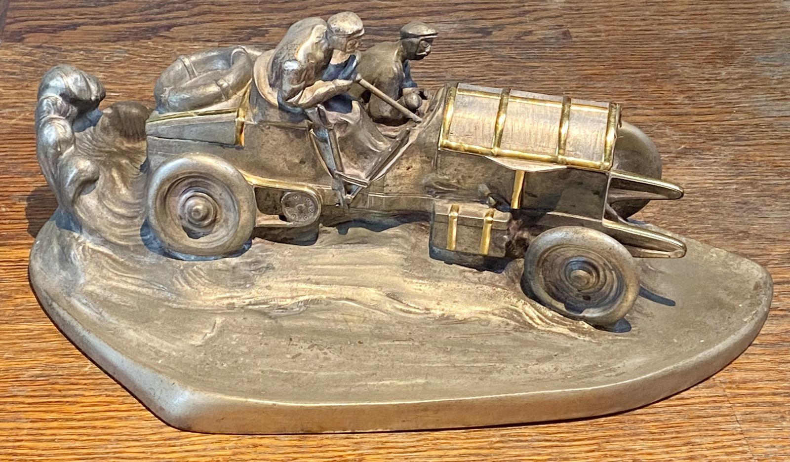 photo for sale Rare Wilhelm Zwick Pewter Mercedes Benz Rally Car Desk Stand & Inkwell With Gold Gilt Detailing And Brass Inkwell Model Sculpture Art Nouveau Deco
