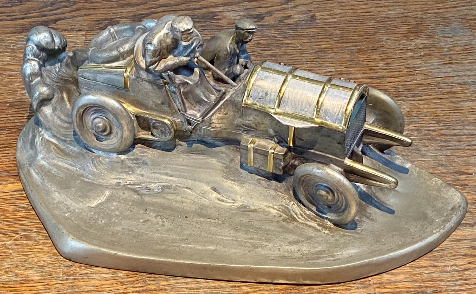 photo buy Rare Wilhelm Zwick Pewter Mercedes Benz Rally Car Desk Stand & Inkwell With Gold Gilt Detailing And Brass Inkwell Model Sculpture Art Nouveau Deco