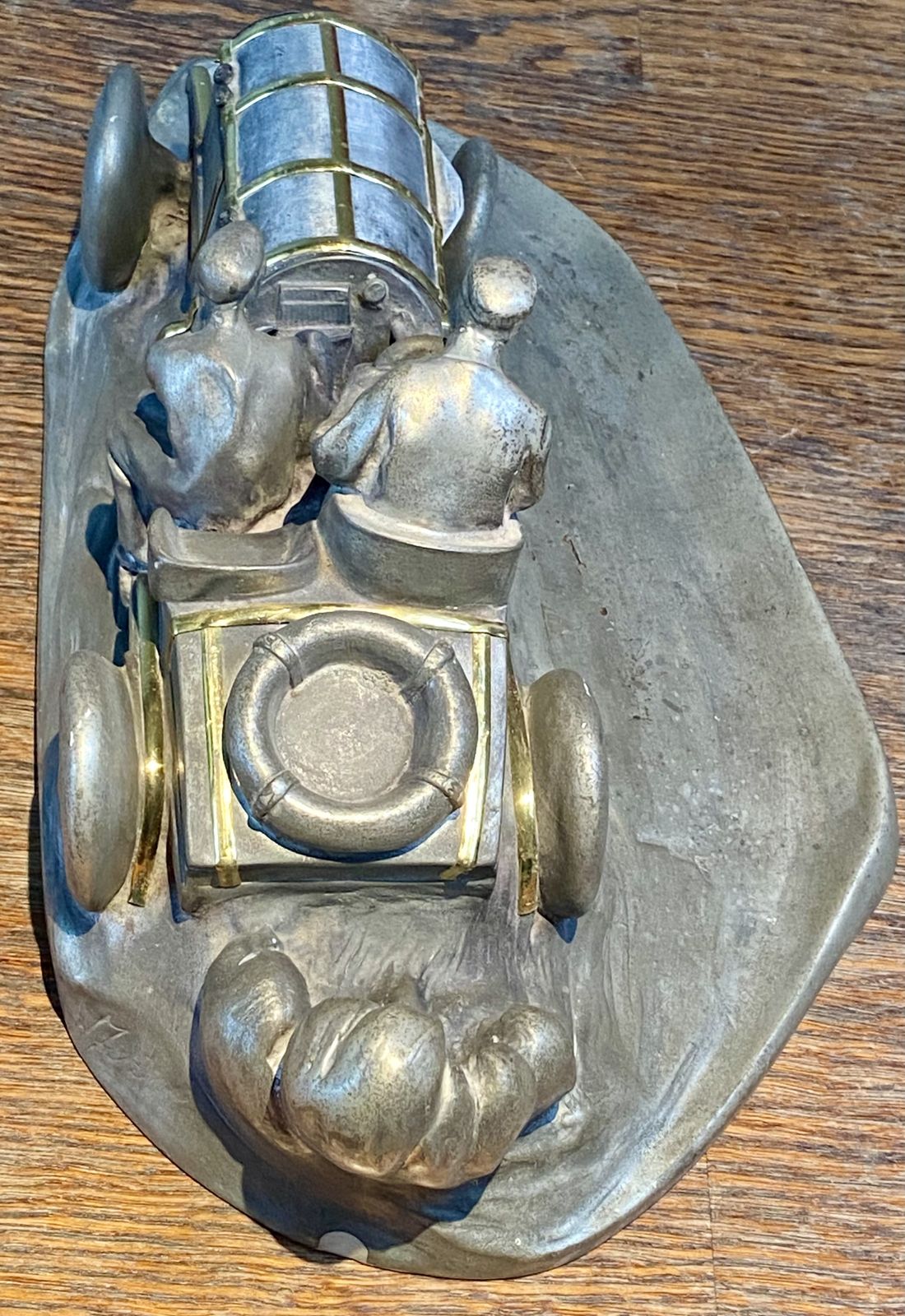 photo vintage Rare Wilhelm Zwick Pewter Mercedes Benz Rally Car Desk Stand & Inkwell With Gold Gilt Detailing And Brass Inkwell Model Sculpture Art Nouveau Deco