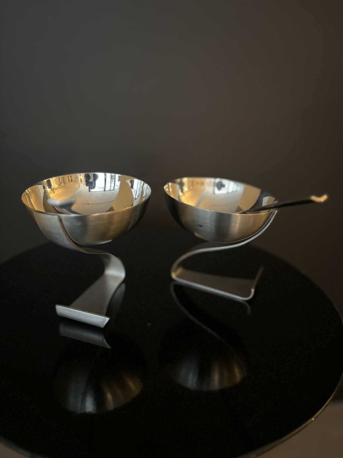 196.0 Futuristic Stainless Steel Dessert Cups – Set Of 2 With Matching Modernist Spoons (1980s) photo