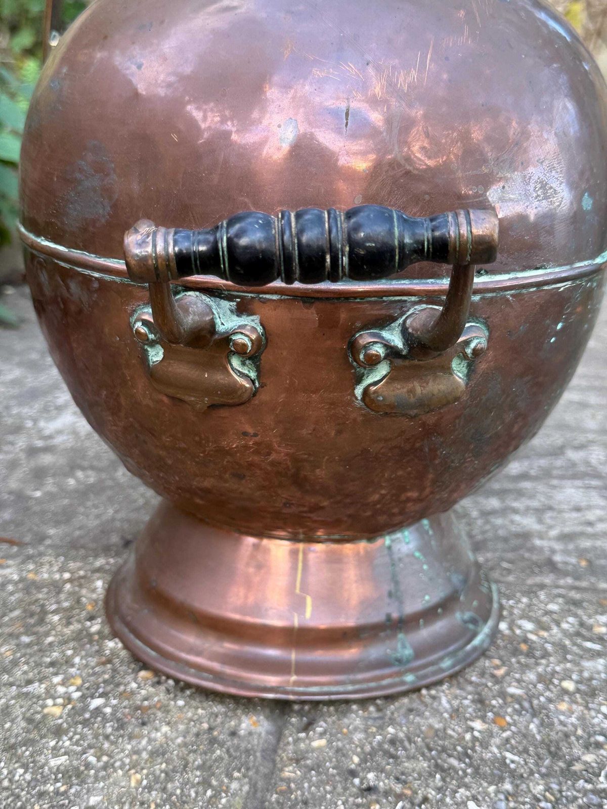 Antique Copper & Brass Coal Scuttle With Verdigris Patina And Turned Handle photo vinterior