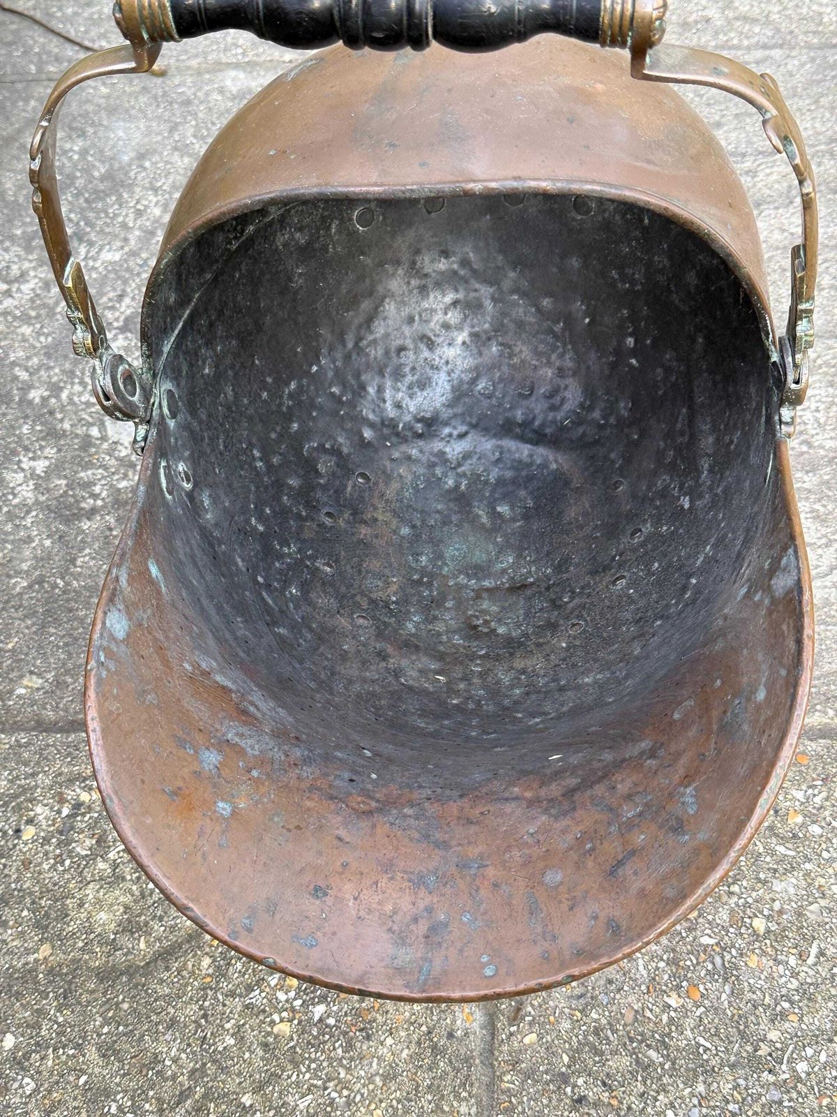 photo furniture Antique Copper & Brass Coal Scuttle With Verdigris Patina And Turned Handle
