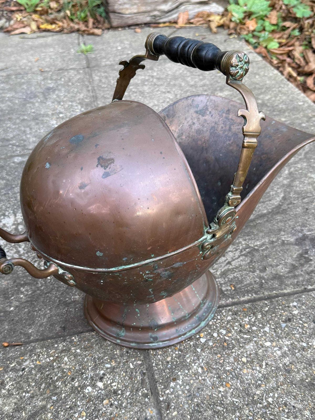 photo buy Antique Copper & Brass Coal Scuttle With Verdigris Patina And Turned Handle