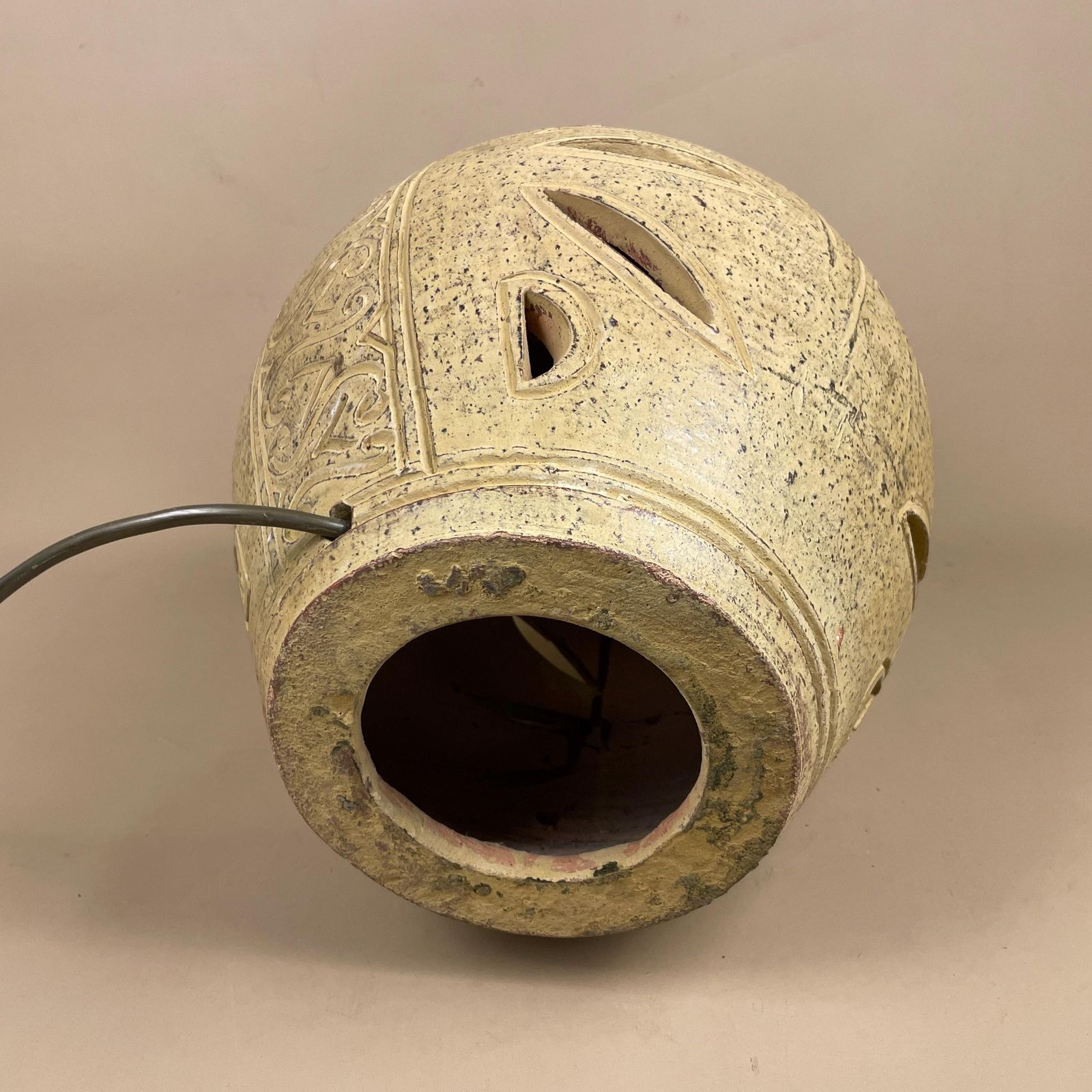 Ceramic Clay Patterned Studio Pottery Lamp Bedside Table Light Round Vase Retro Cottage Natural Antique Pattern Handmade Textured Vintage photo buy