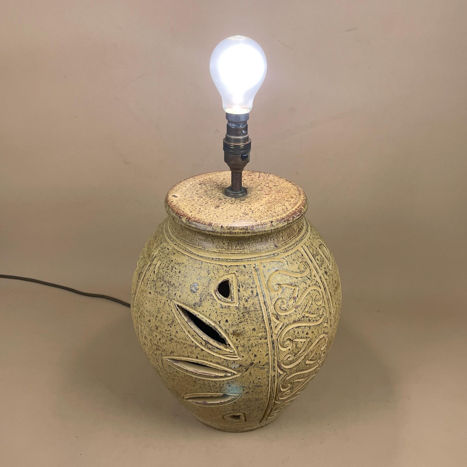 Ceramic Clay Patterned Studio Pottery Lamp Bedside Table Light Round Vase Retro Cottage Natural Antique Pattern Handmade Textured Vintage photo vintage