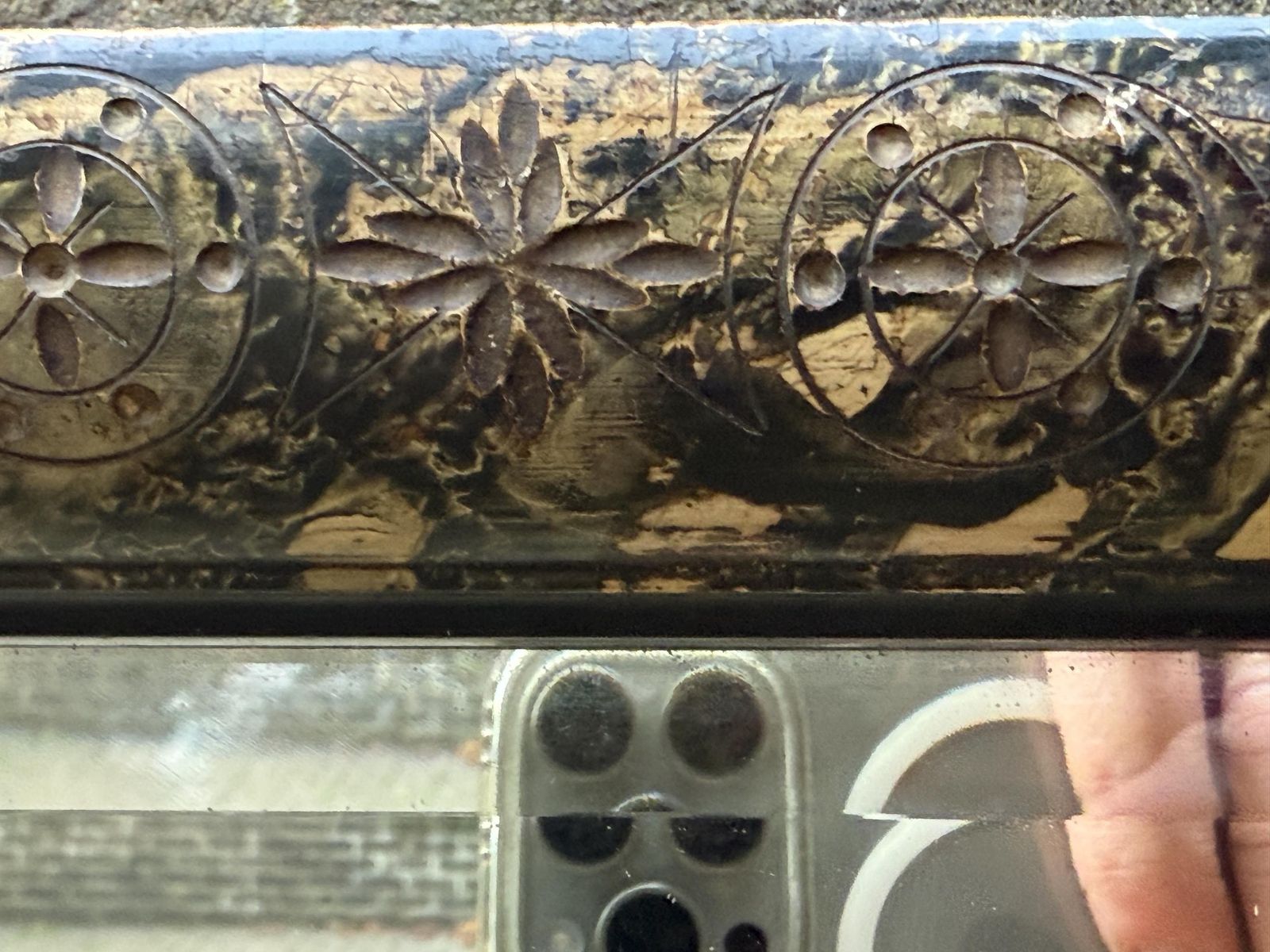 Unusual Antique Lacquered Gesso Decoupage Mirror With Black And Gold Aesthetic Movement Frame 40cm X 45cm photo for sale