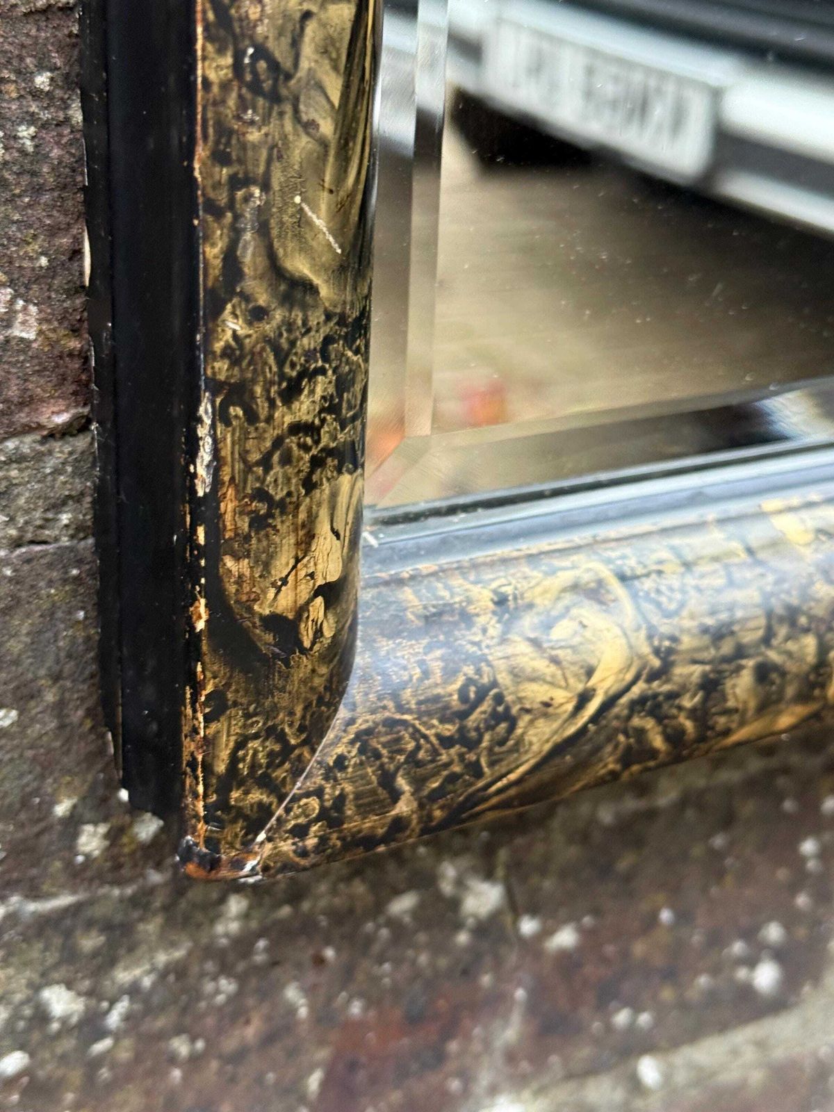 Unusual Antique Lacquered Gesso Decoupage Mirror With Black And Gold Aesthetic Movement Frame 40cm X 45cm photo vinterior