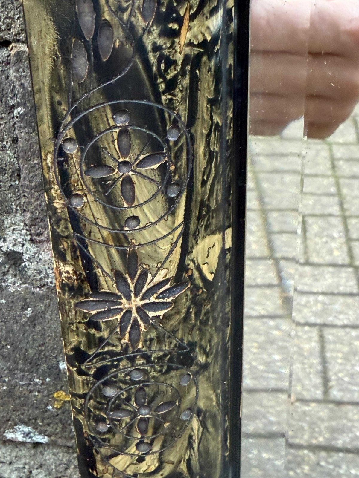 Home Decor Unusual Antique Lacquered Gesso Decoupage Mirror With Black And Gold Aesthetic Movement Frame 40cm X 45cm photo