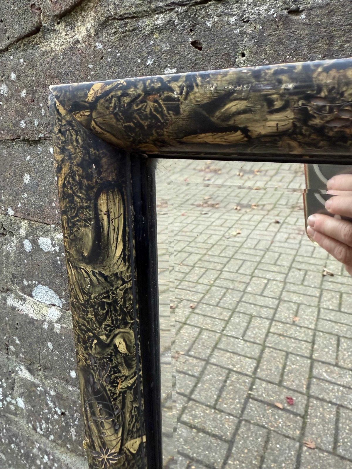photo vintage Unusual Antique Lacquered Gesso Decoupage Mirror With Black And Gold Aesthetic Movement Frame 40cm X 45cm