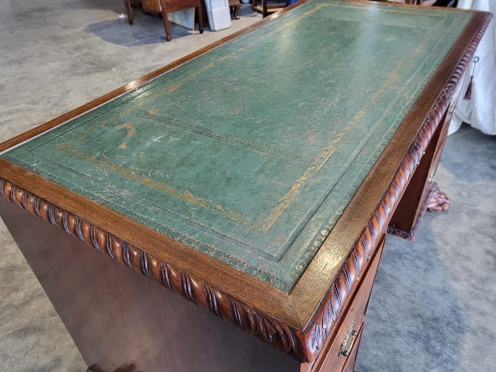 Antique Victorian Knee Hole Writing Desk Claw Feet Leather Top Cupboard photo furniture