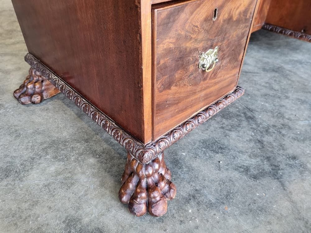 Antique Victorian Knee Hole Writing Desk Claw Feet Leather Top Cupboard photo for sale
