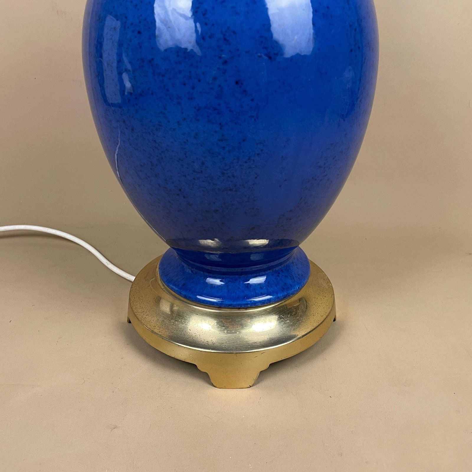 Ceramic Lamp Light Bedside Table Glazed Blue Antique Gold Brass Metal Vase Large Vintage Round Elegant Classic photo 140.0