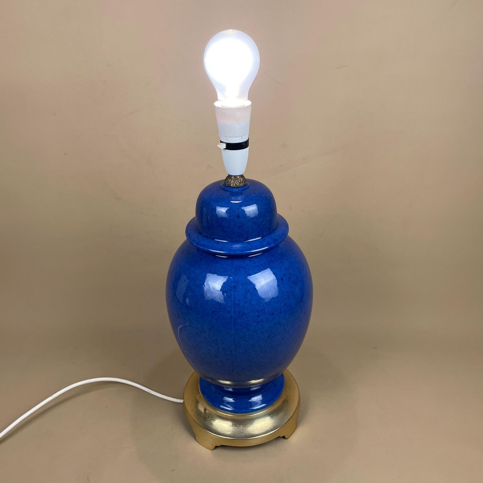 Lighting Ceramic Lamp Light Bedside Table Glazed Blue Antique Gold Brass Metal Vase Large Vintage Round Elegant Classic photo
