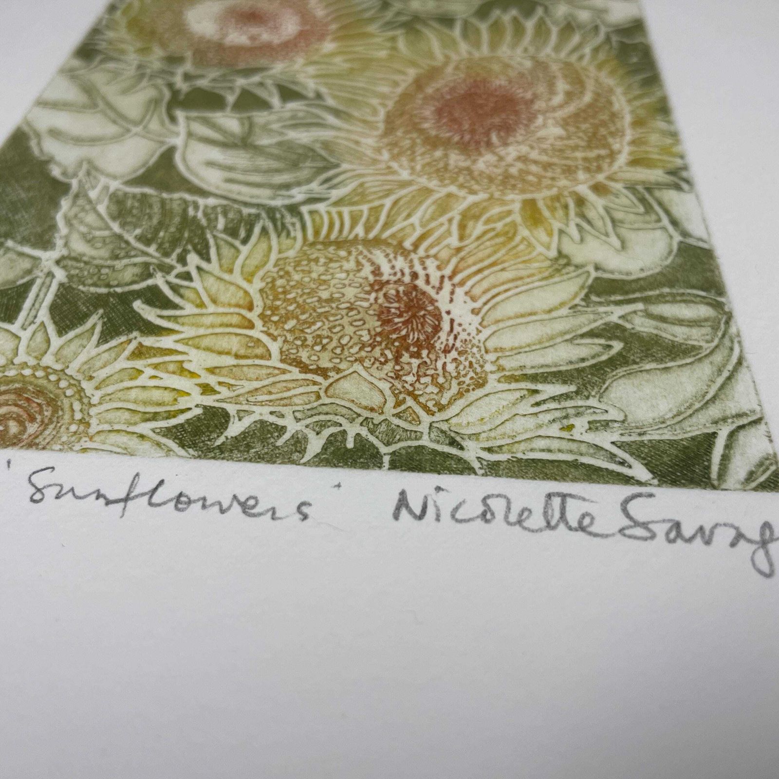 Original Sunflowers Etching Nicolette W/P Savage Framed Botanical Art Hand Coloured Floral Print Green Frame Natural Flower Artwork photo buy