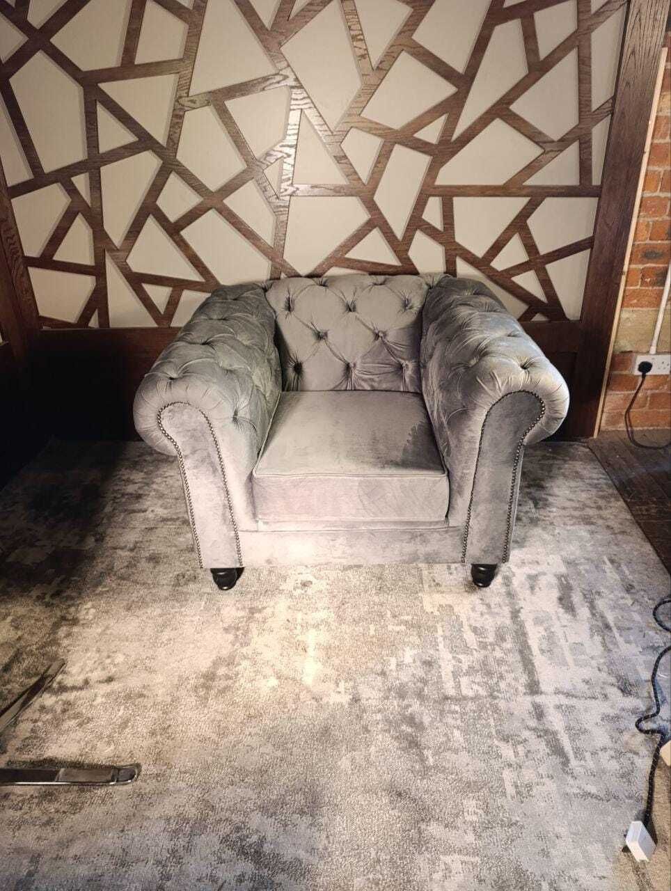 Contemporary Chesterfield Style Armchair | Grey Velvet With Stud Detailing | Deep Button Back photo furniture