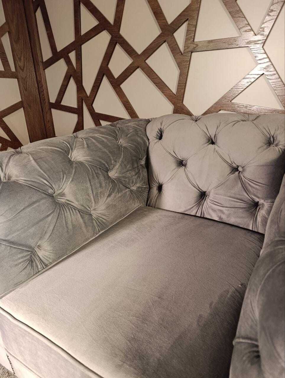 Contemporary Chesterfield Style Armchair | Grey Velvet With Stud Detailing | Deep Button Back photo vinterior