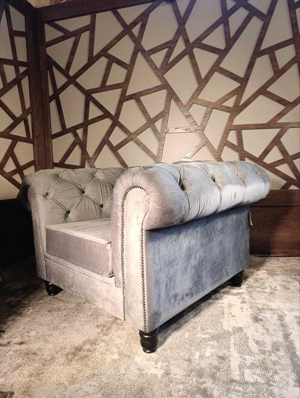 Contemporary Chesterfield Style Armchair | Grey Velvet With Stud Detailing | Deep Button Back photo vintage