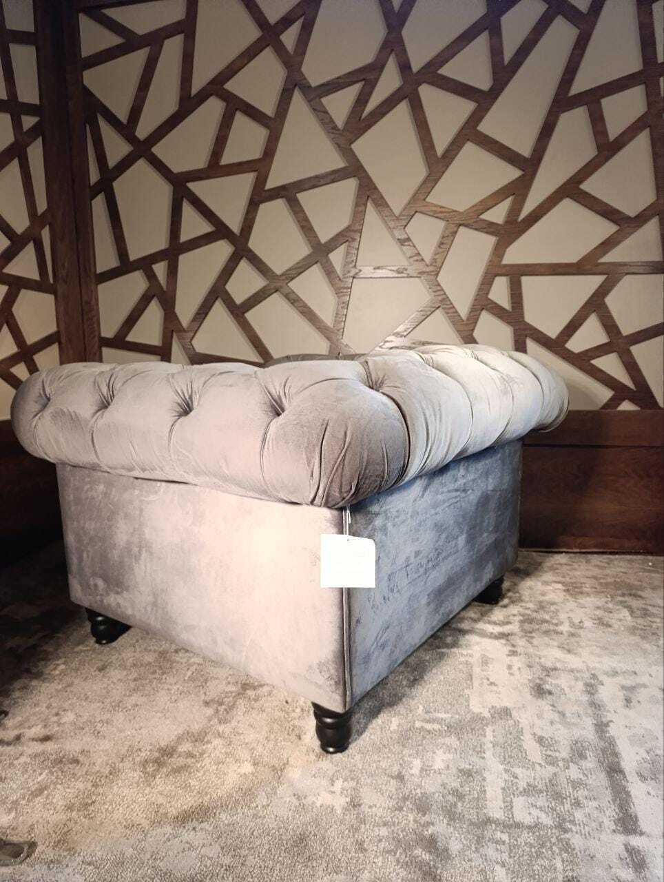 photo furniture Contemporary Chesterfield Style Armchair | Grey Velvet With Stud Detailing | Deep Button Back