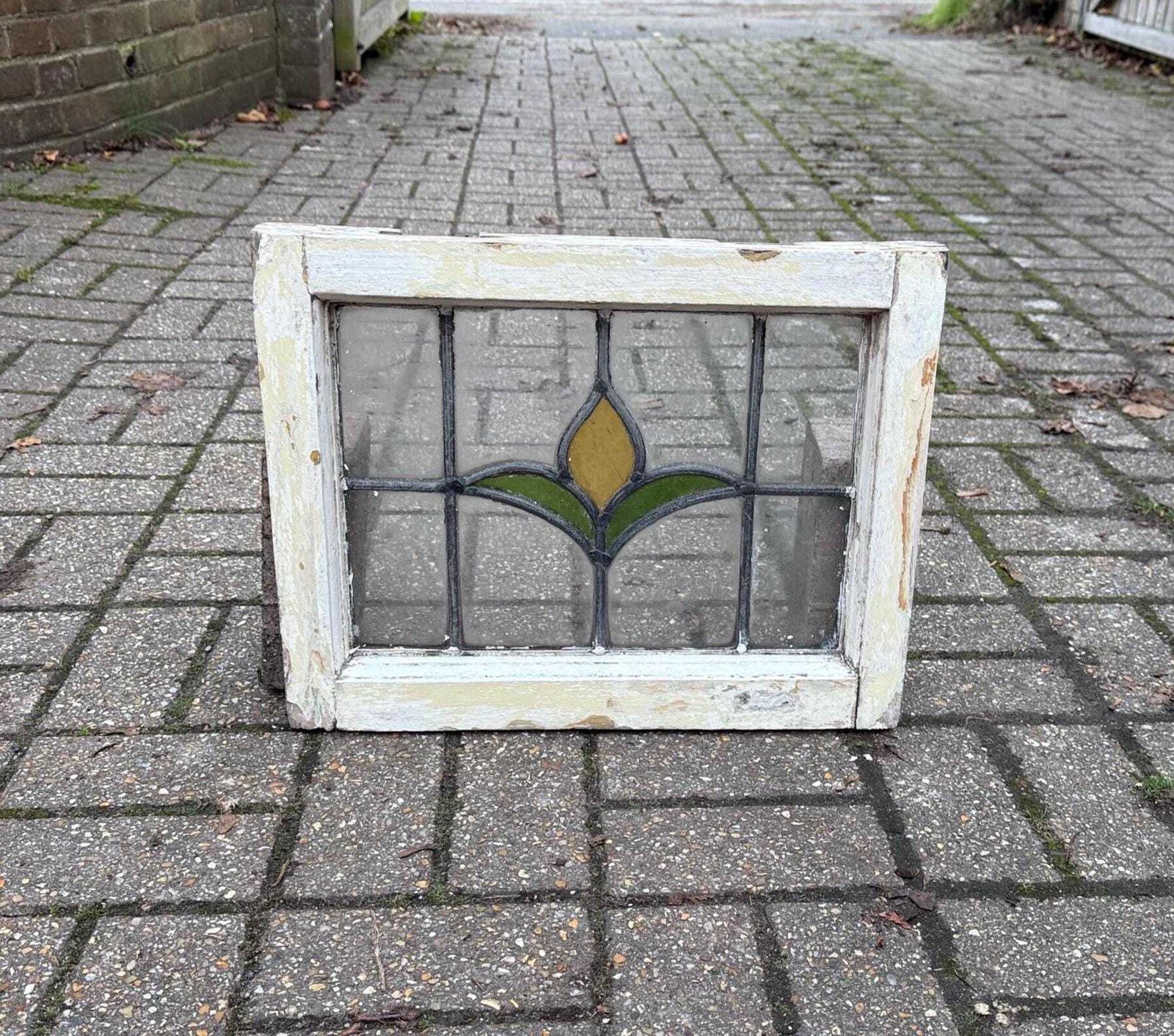 Original 1930s Art Deco Stained Glass Yellow Tulip Design Window Panel 46cm X 36cm