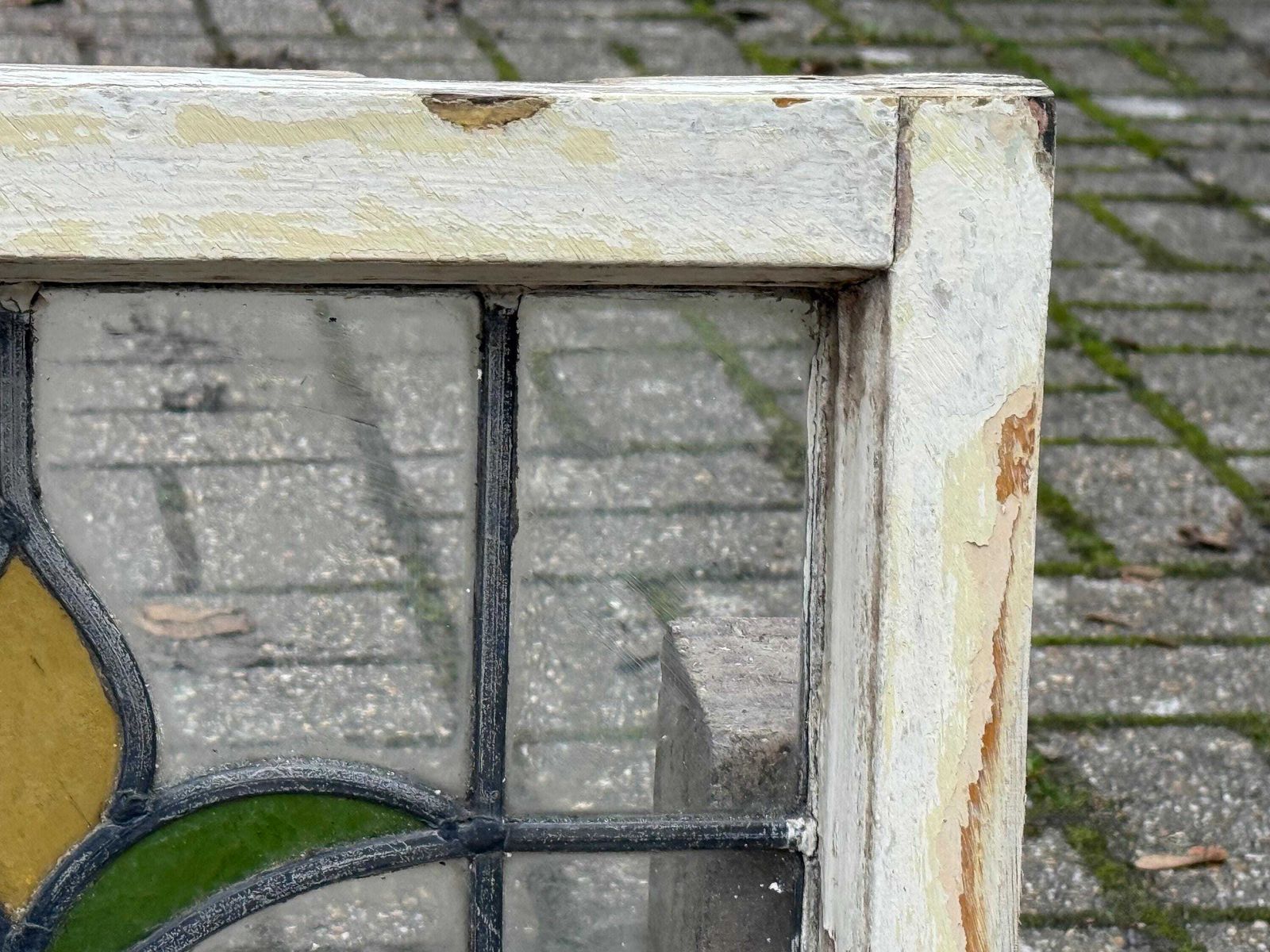 Original 1930s Art Deco Stained Glass Yellow Tulip Design Window Panel 46cm X 36cm photo 125.0