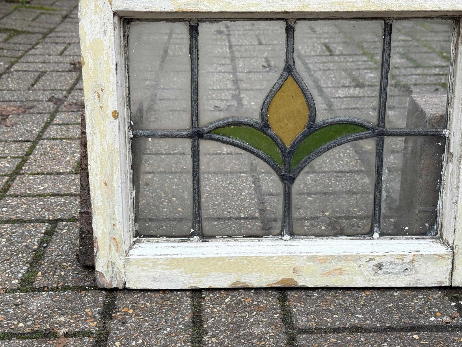 photo for sale Original 1930s Art Deco Stained Glass Yellow Tulip Design Window Panel 46cm X 36cm