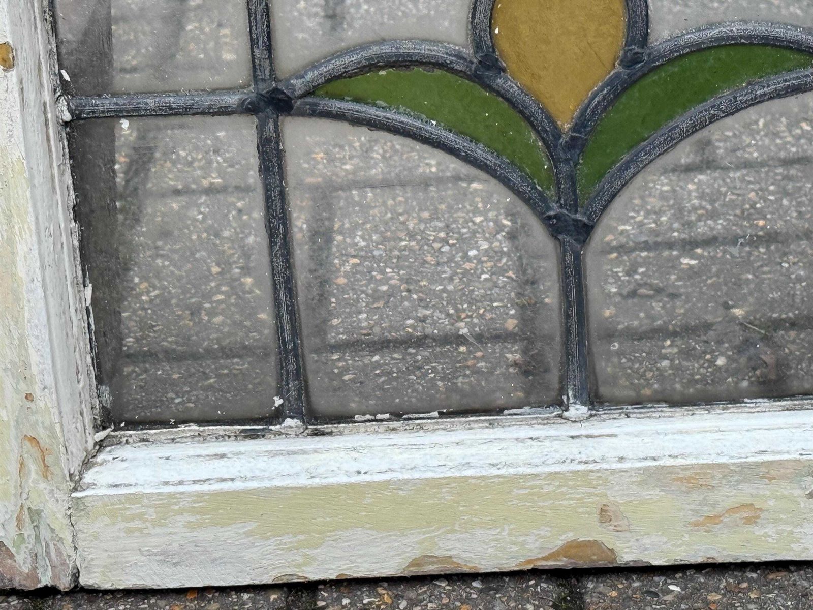 125.0 Original 1930s Art Deco Stained Glass Yellow Tulip Design Window Panel 46cm X 36cm photo
