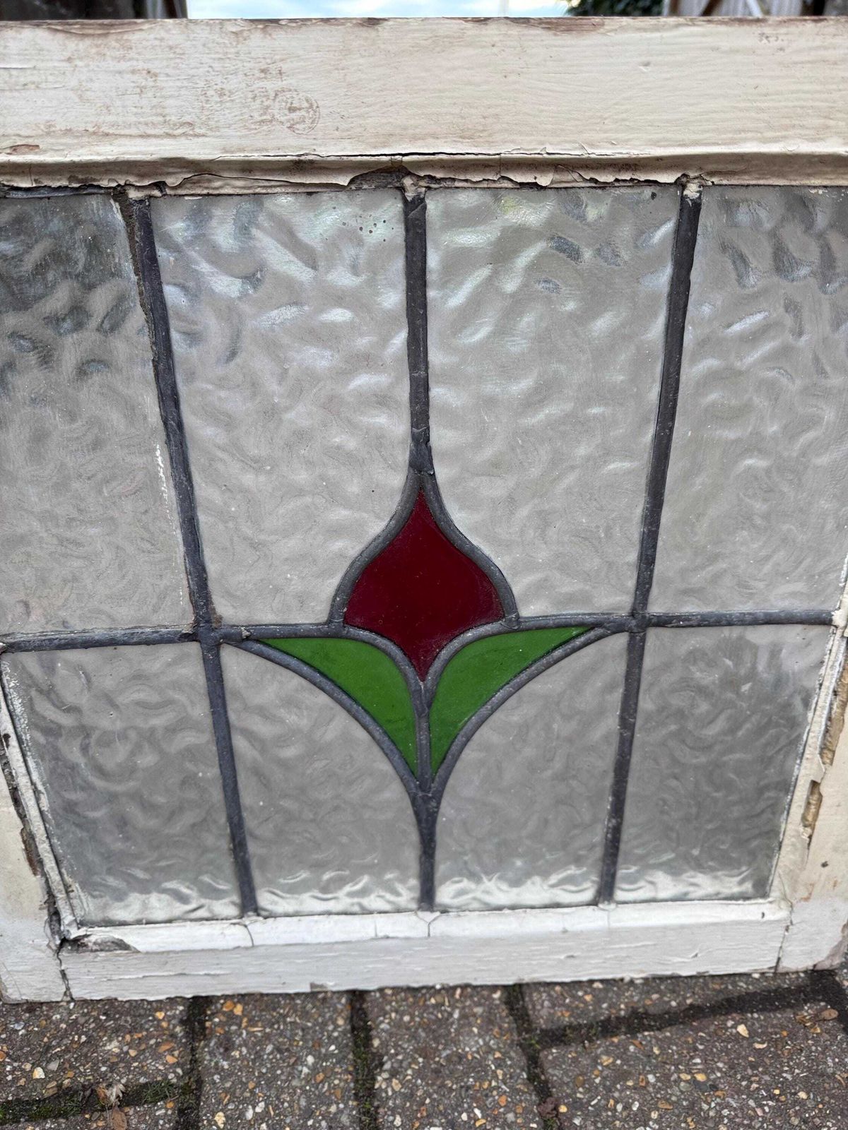 Home Fixtures Original 1930s Art Deco Stained Glass Tulip Green And Red Design Window Panel photo