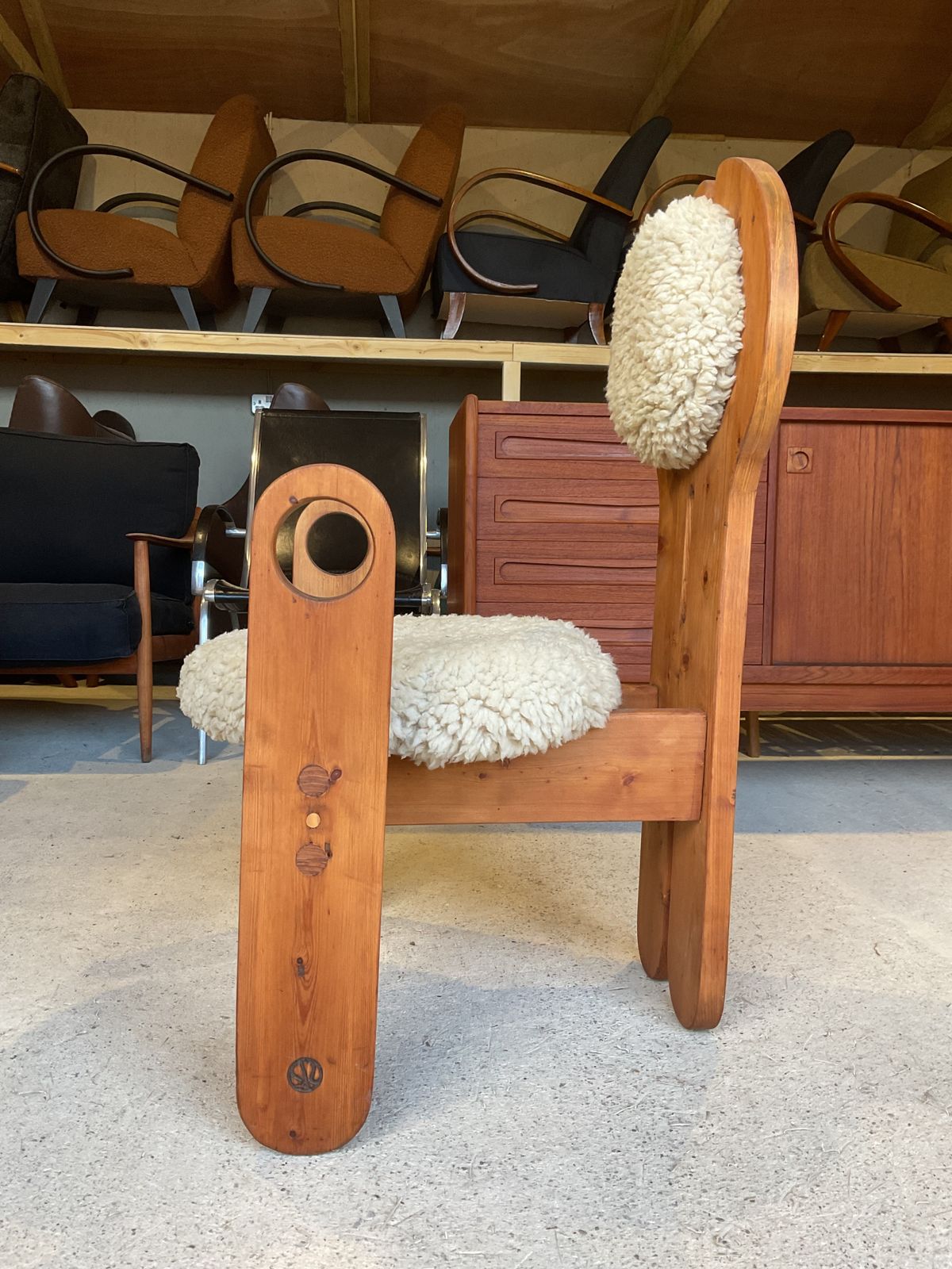 Midcentury Solid Larch Wood& Sheepskin Side Chair, Armchair By Rudolf Szedleczky photo for sale