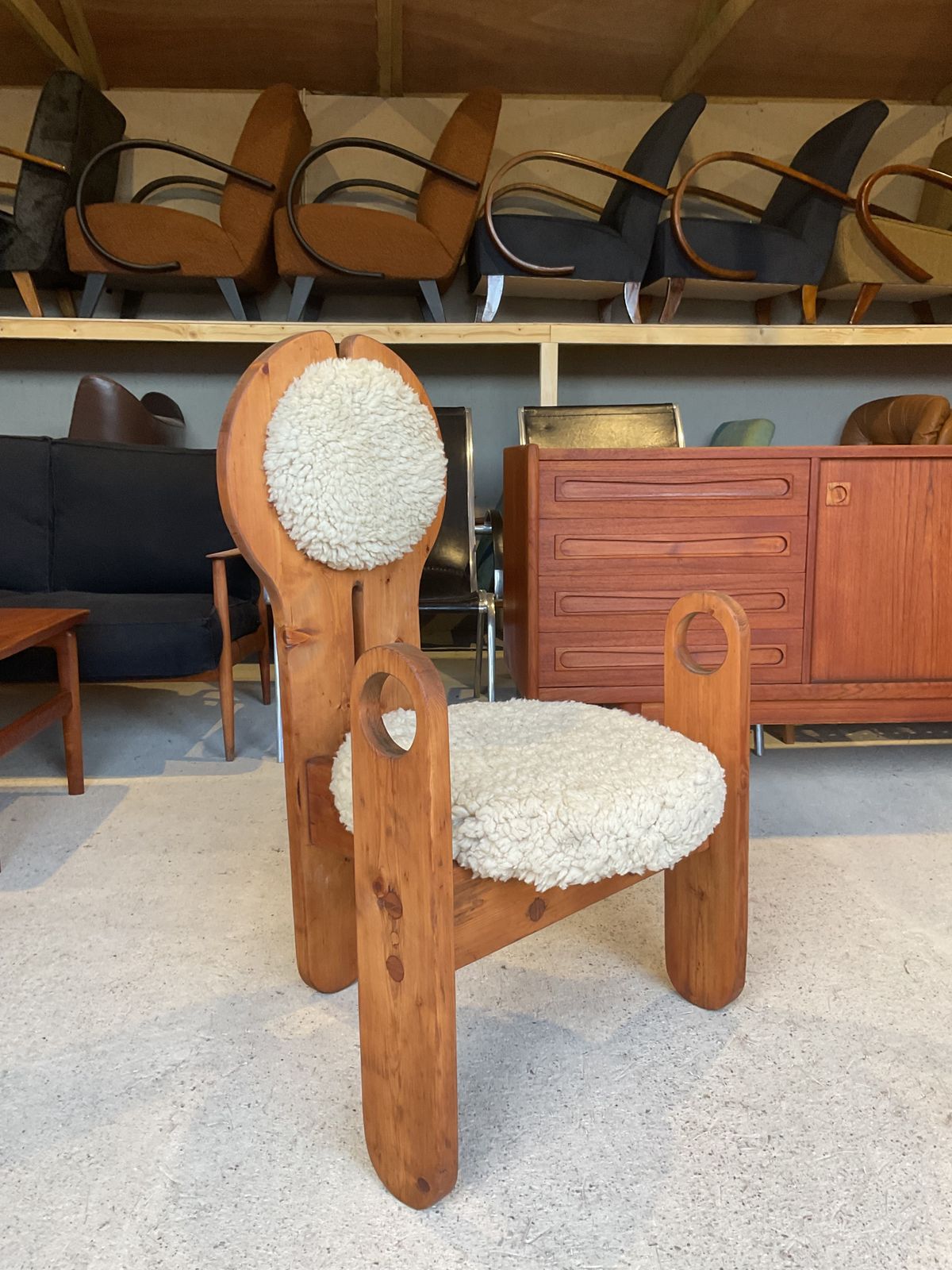 Midcentury Solid Larch Wood& Sheepskin Side Chair, Armchair By Rudolf Szedleczky photo Furniture