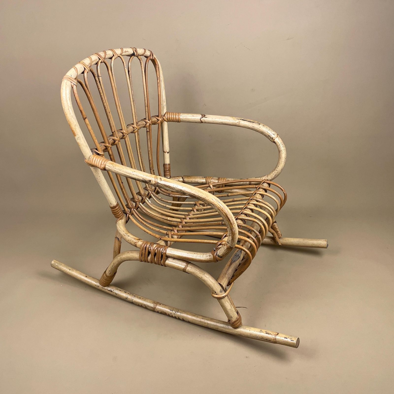 Vintage Childs Wooden Chair Teddy Seat Woven Rush Seat Bamboo Rocking Rustic Country Cottage Small Chair Handmade Decor Playroom Display photo vinterior