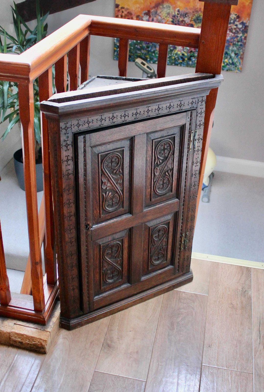 Antique Georgian Carved Oak Corner Cupboard Cabinet photo for sale