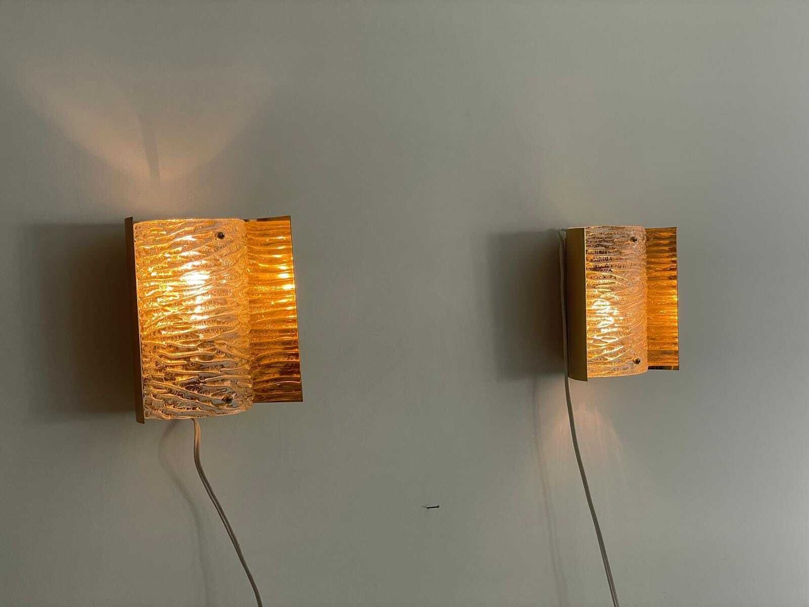 Crystal Glass And Brass Curve Backplate Pair Of Sconces, 1960s, Germany photo vinterior