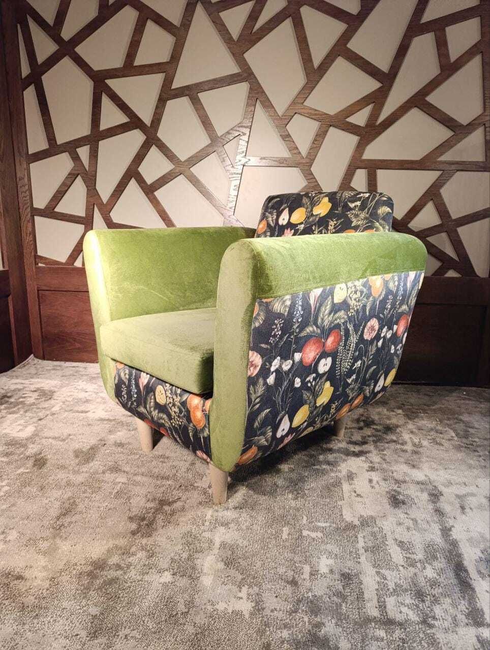 Mid Century Inspired Lounge Chair In Velvet | Clarke And Clarke Botanical Print | Sculptural Profile