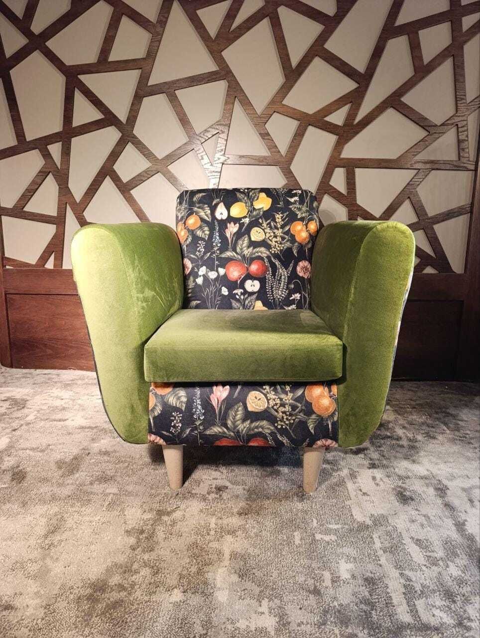Mid Century Inspired Lounge Chair In Velvet | Clarke And Clarke Botanical Print | Sculptural Profile photo furniture