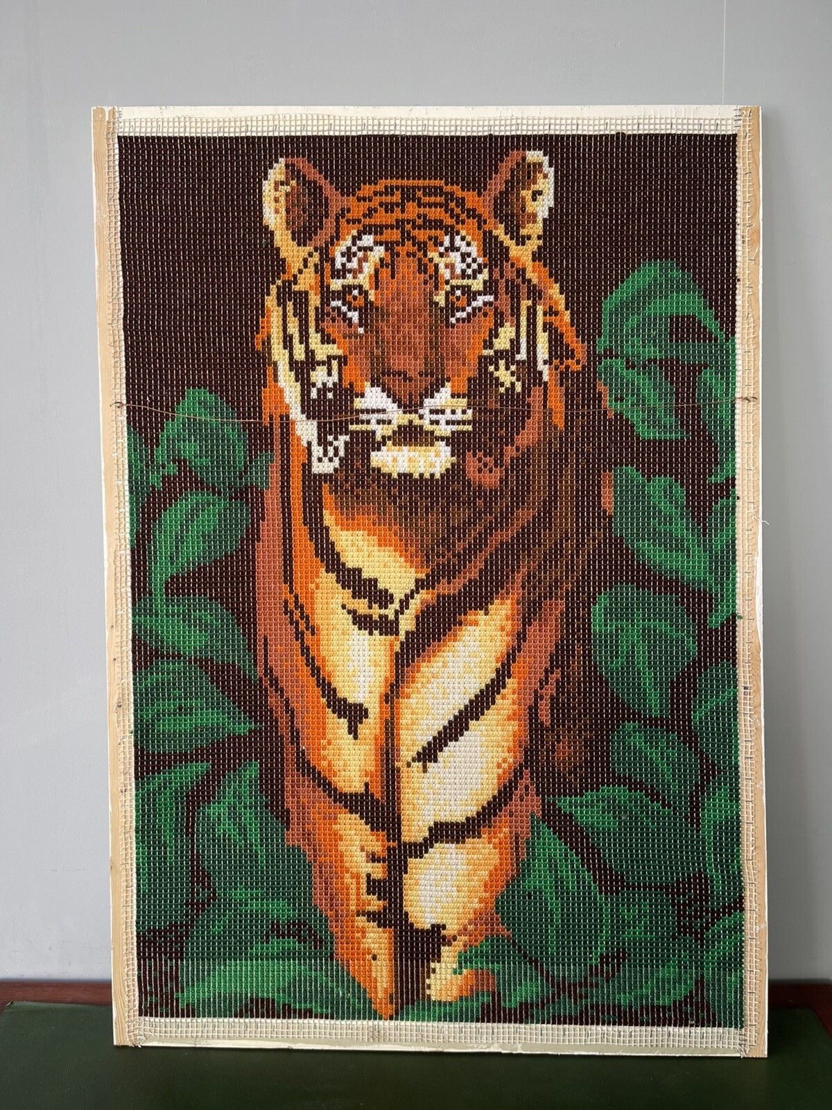 Huge Vintage Stunning Framed Tiger Latch Hook Rug Tapestry Embroidery Art Work