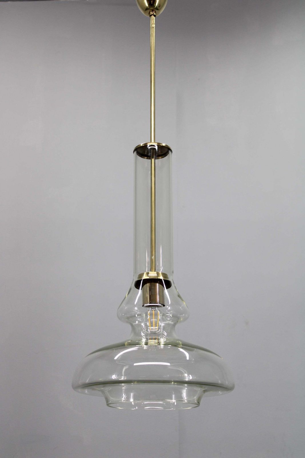 Mid Century Czech Glass Pendant Light Brass Finish 1970s Modern Rewired photo furniture