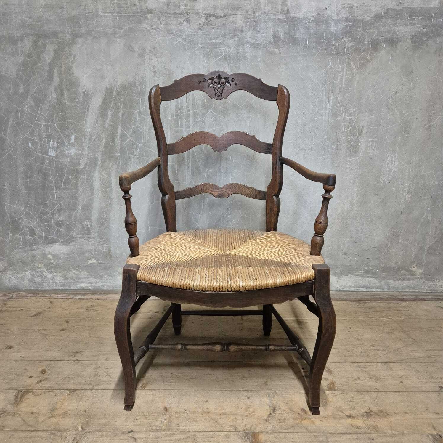 French Provincial Oak Armchair With Woven Seat, Early 20th Century, France