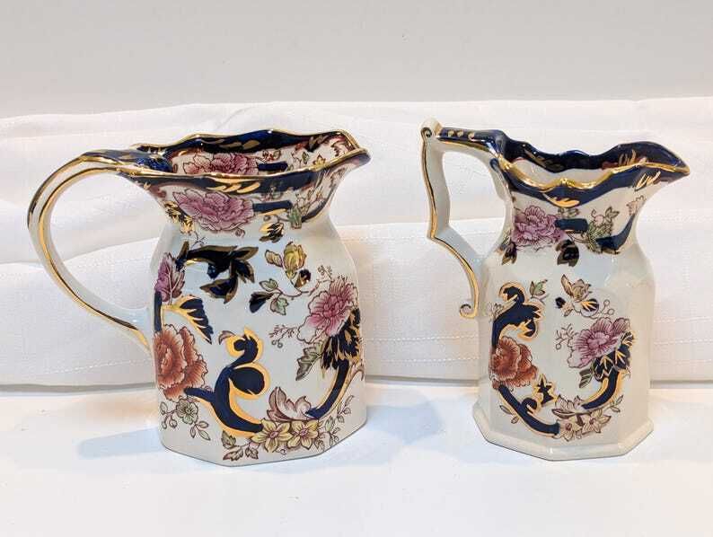 Pair Of Vintage Masons Ironstone Blue Mandalay Fenton Jugs In Amazing Condition.