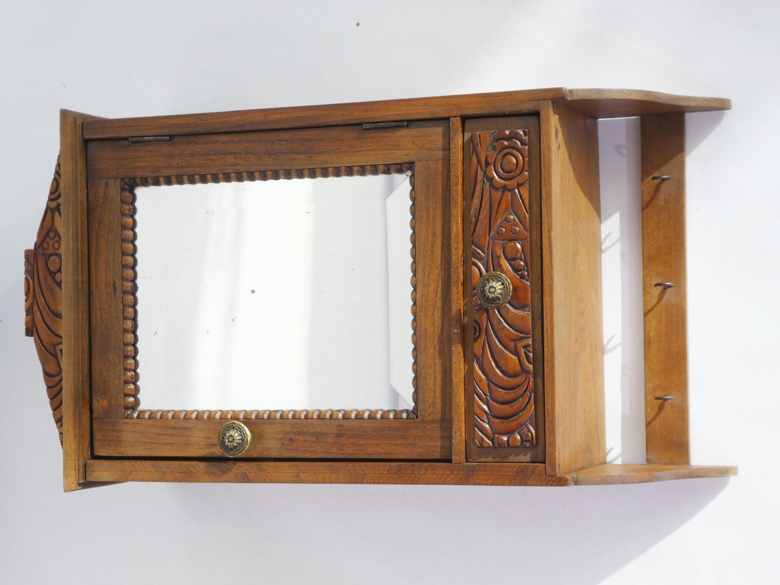 Antique Small Wooden Wall Cabinet Floral Carved Details, Mirror Apothecary With Drawer, Medicine Cabinet, Small Chest photo buy