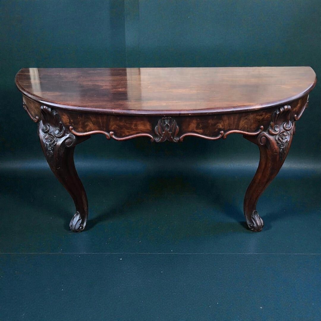 Pair Of Antique Mahogany Demi Lune Consoles With Carved Cabriole Legs C.1900
