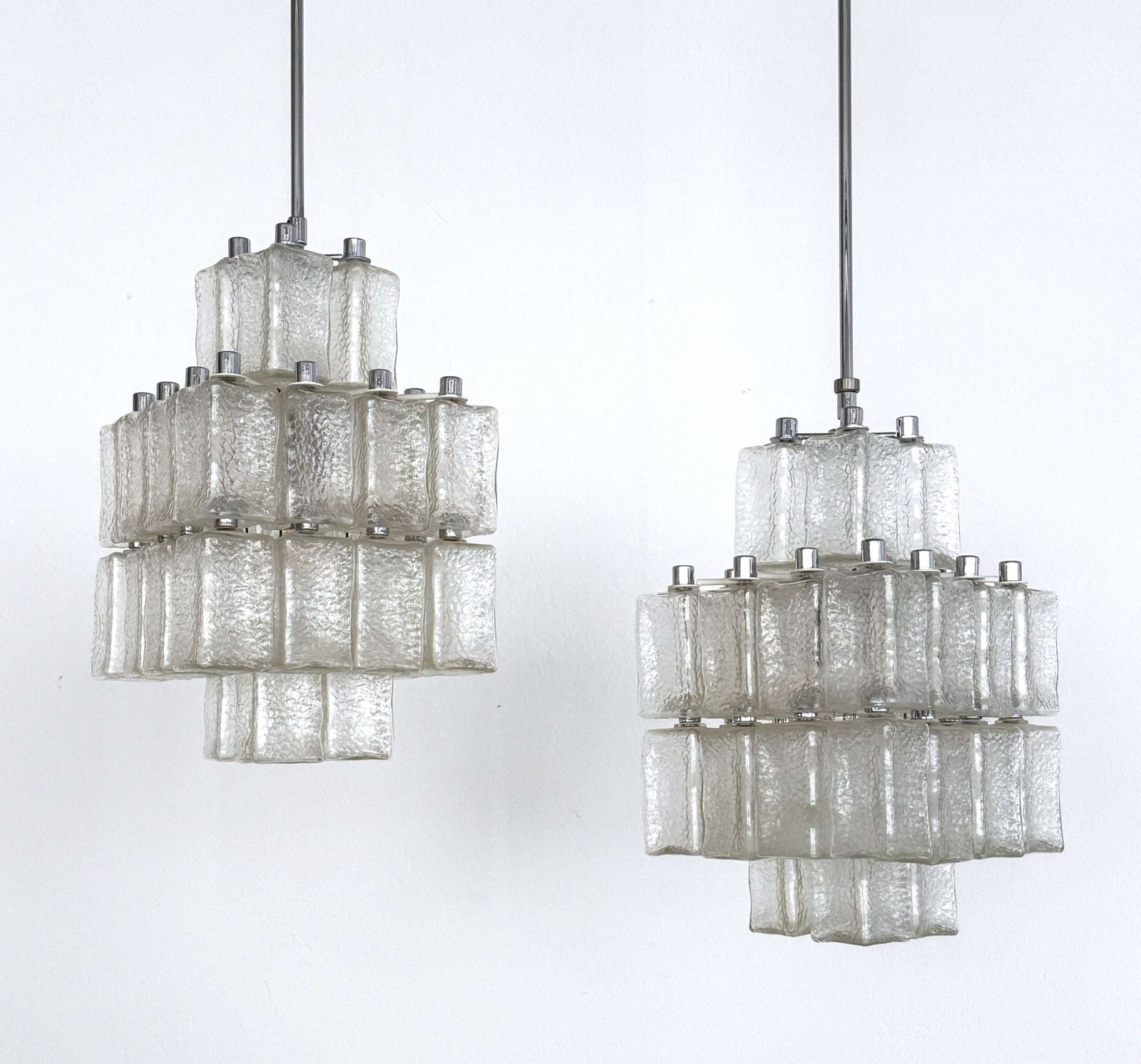 Midcentury Chandelier In Chrome And Textured Glass By Swiss Bag Turgi, 1960s