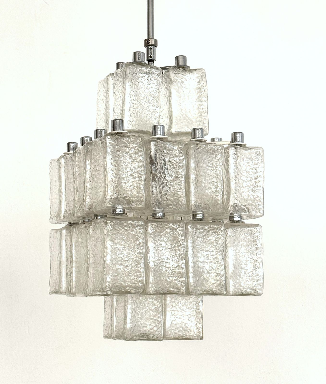Midcentury Chandelier In Chrome And Textured Glass By Swiss Bag Turgi, 1960s photo for sale