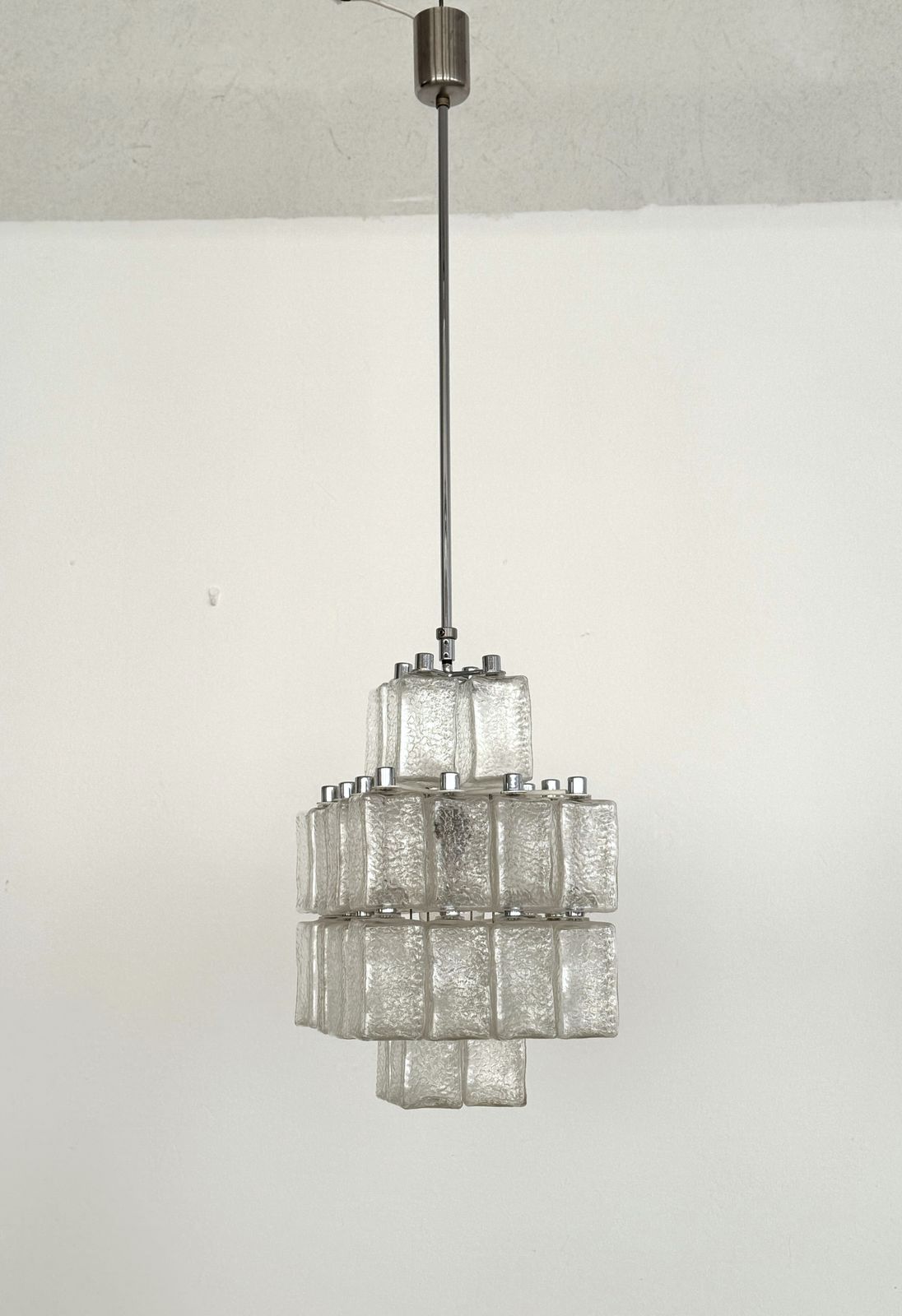 Midcentury Chandelier In Chrome And Textured Glass By Swiss Bag Turgi, 1960s photo vinterior
