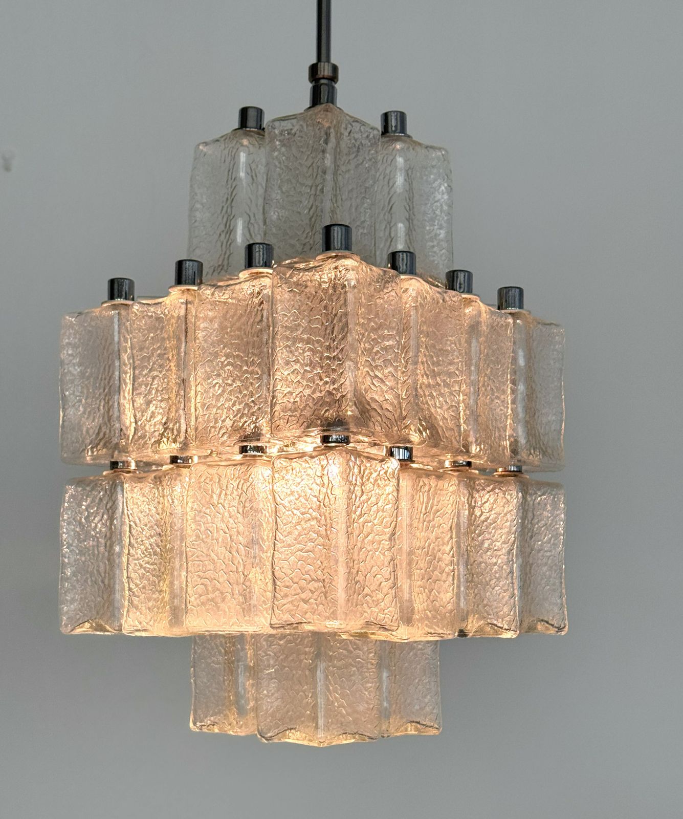 Lighting Midcentury Chandelier In Chrome And Textured Glass By Swiss Bag Turgi, 1960s photo