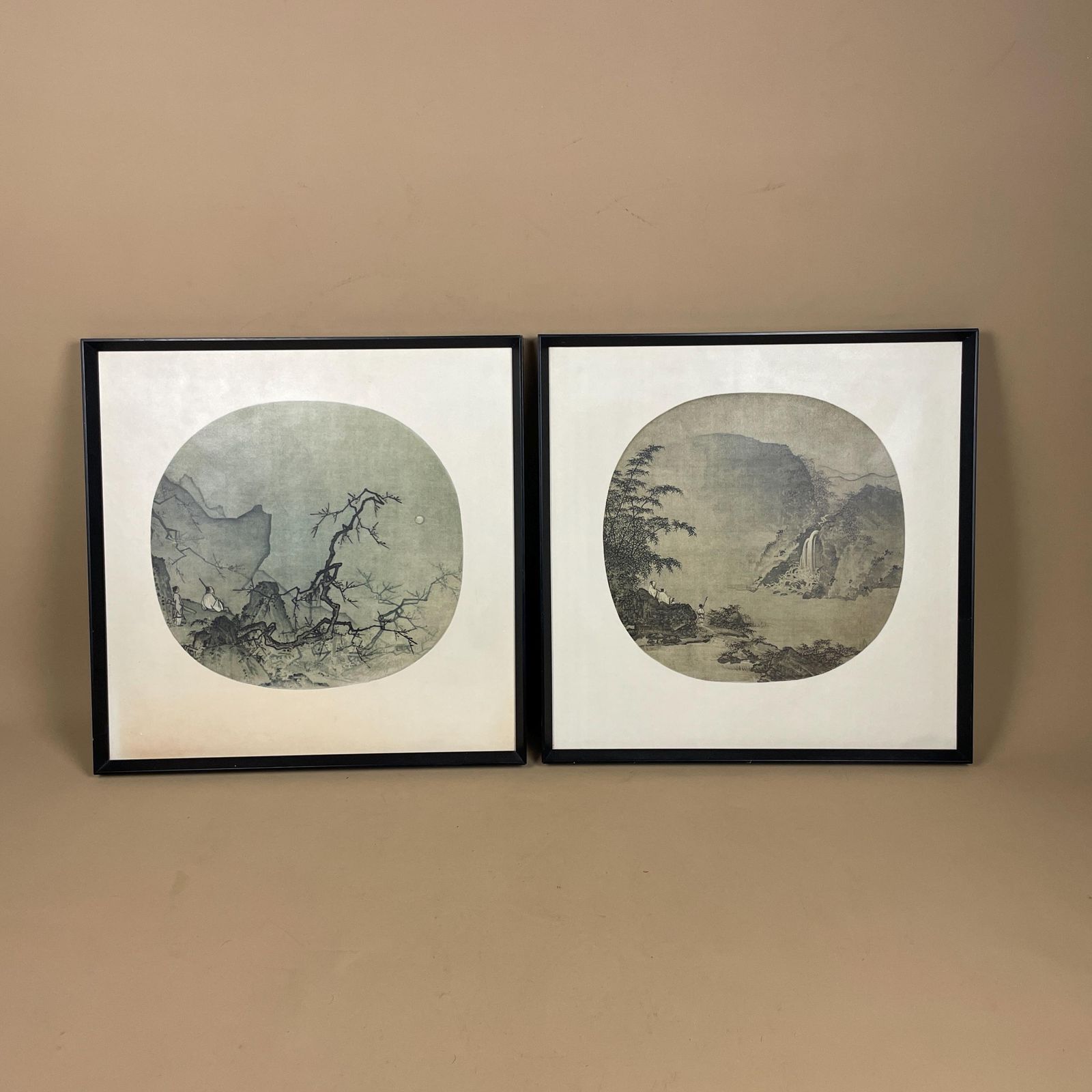 Pair Chinese Landscape Fan Prints Framed Pictures Oriental Art Mountain Waterfall Set Classic Asian Wall Decor Traditional