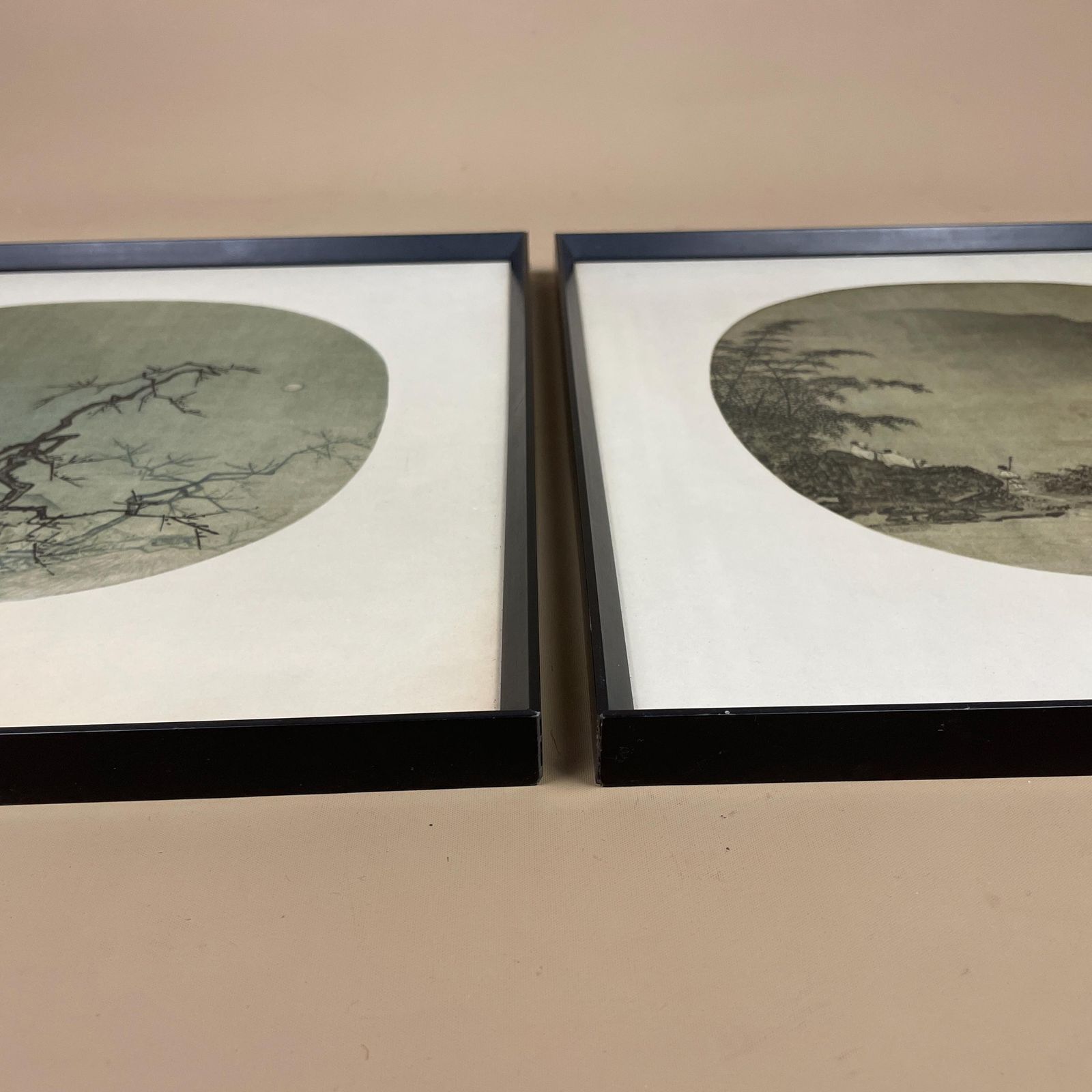 89.0 Pair Chinese Landscape Fan Prints Framed Pictures Oriental Art Mountain Waterfall Set Classic Asian Wall Decor Traditional photo