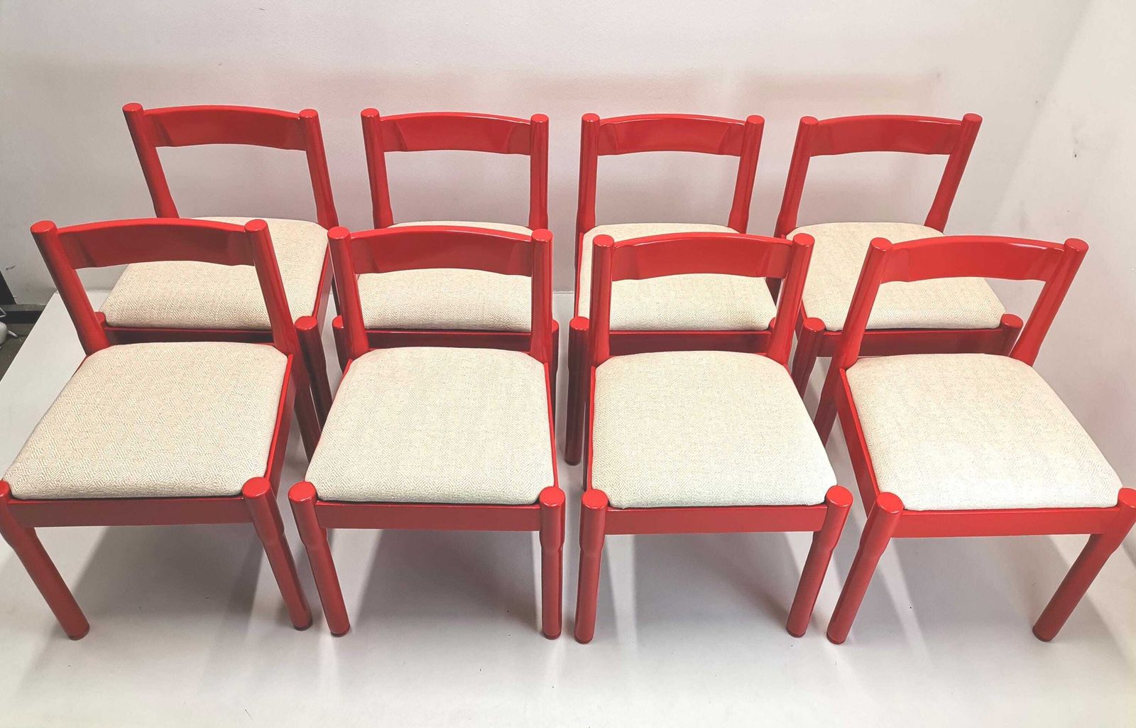 Set Of 8 Red 'Carimate' Dining Chairs Designed By Vico Magistretti / Midcentury Italian Upholstered Kitchen Chairs photo furniture