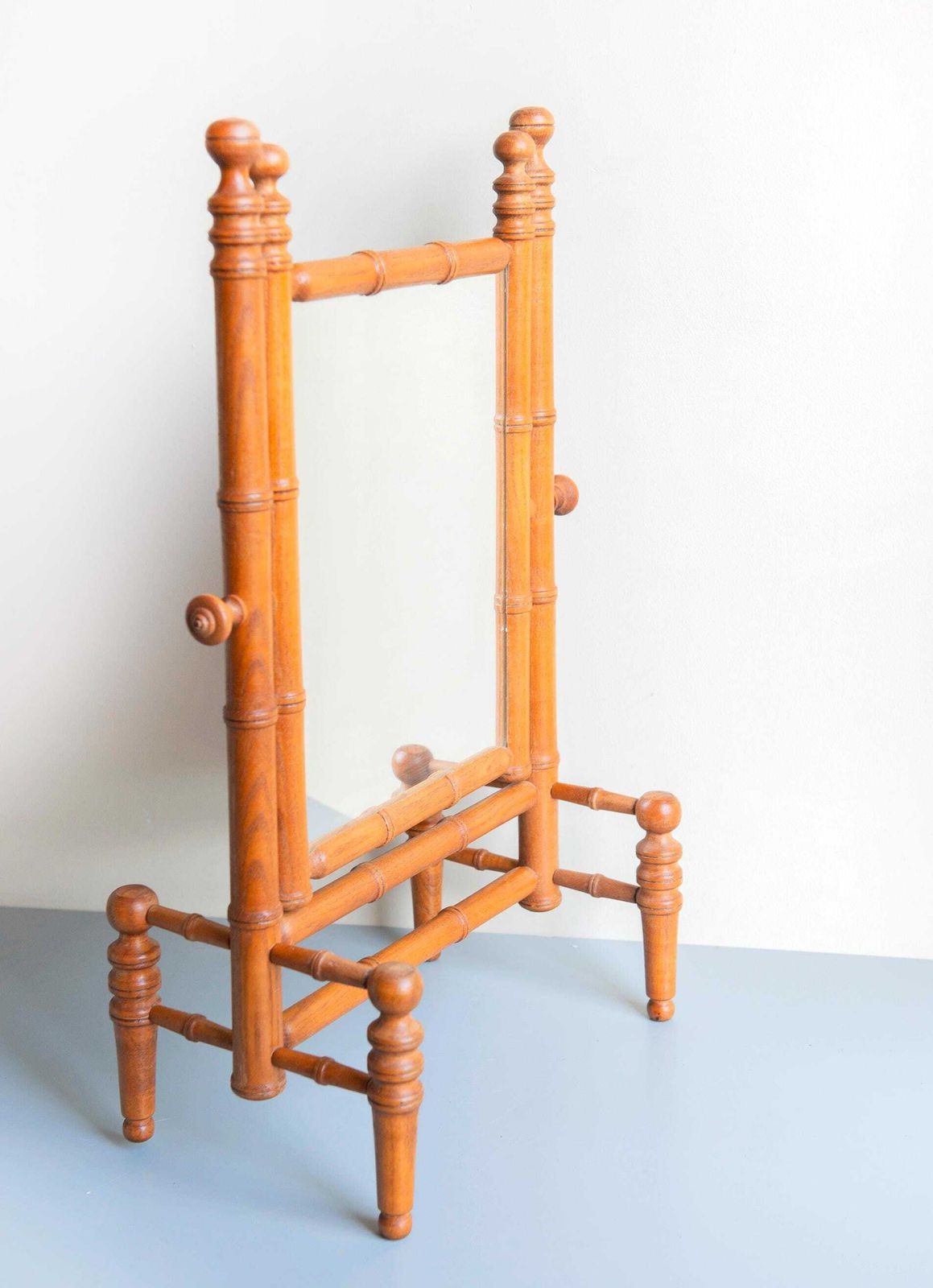 Antique Faux Bamboo Standing Tabletop Mirror – Victorian Vanity Mirror With Turned Oak Wood Frame photo for sale